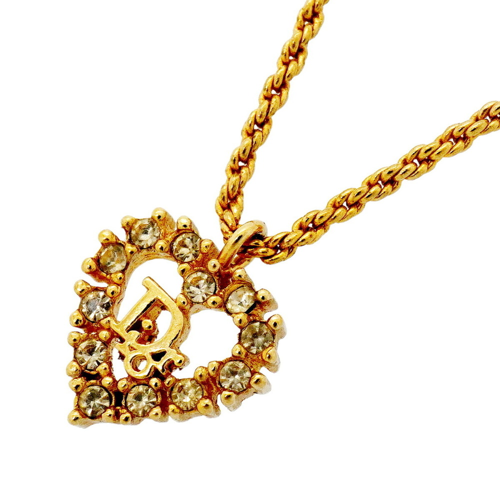 Christian Dior Necklace, Heart Motif, GP Plated, Rhinestone, Gold, Women's